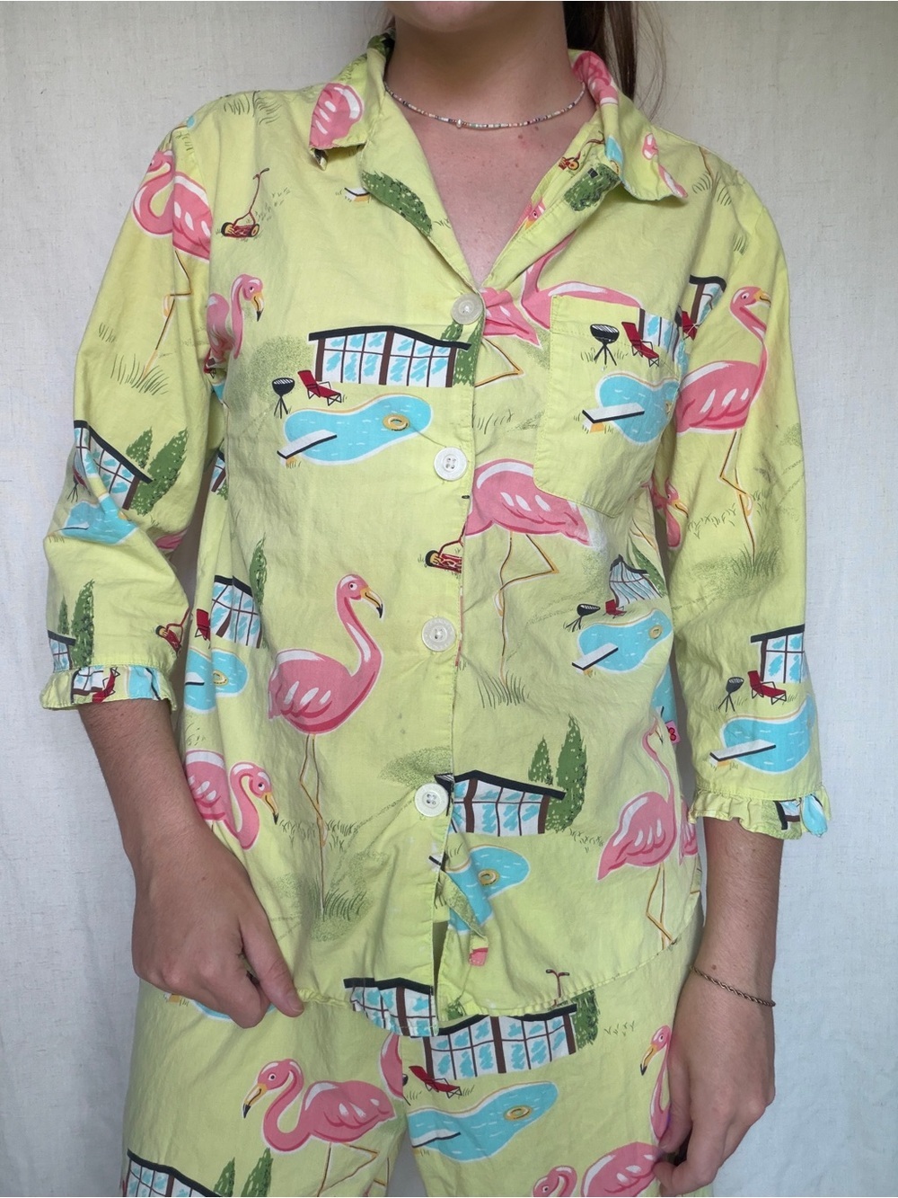 RARE nick&nora SET backyard flamingoes capri length 100% cotton eclectic size S